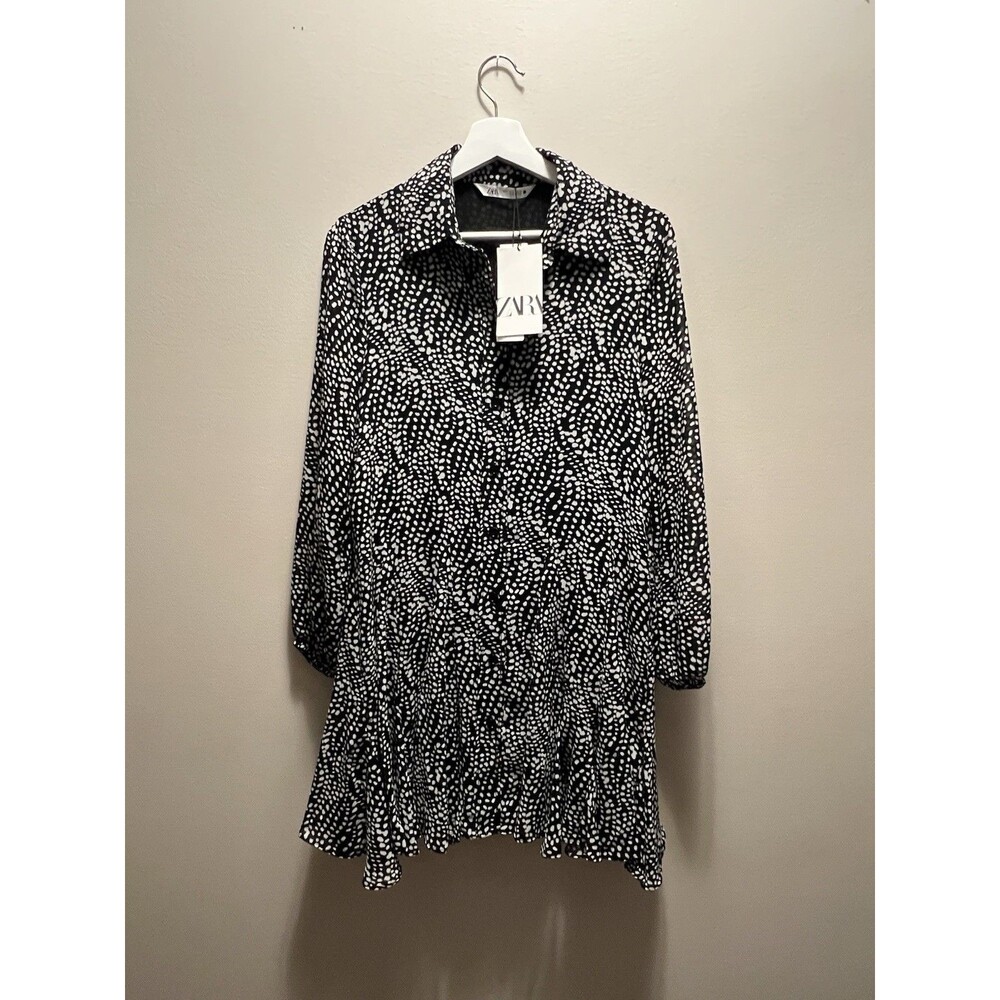 Zara Dress Black White Polka Dot Chiffon Long Sleeve Mini Button Up Size S New